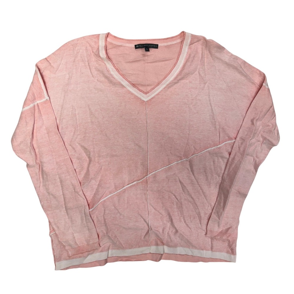Elliott Lauren Pink Cotton V-Neck Sweater Exposed Seam White Trim Womens Small